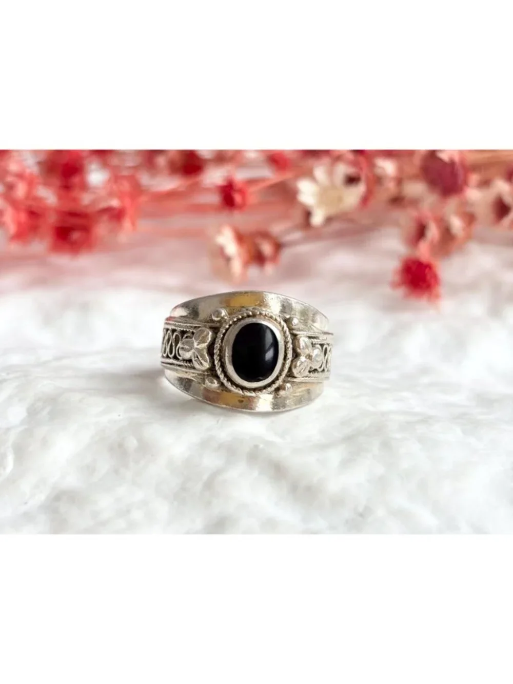 Thai Made Made Black Onyx Rope Chunky Sterling Silver 925 Vintage Ring - sz 6